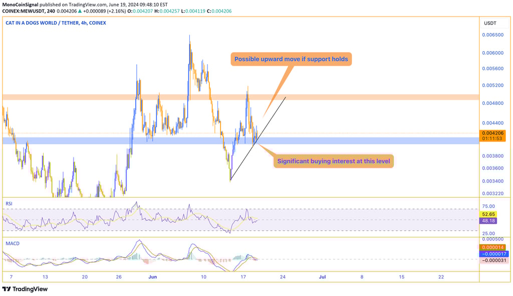 MEW price chart highlighting the significant support level at $0.0040, indicating potential upward m