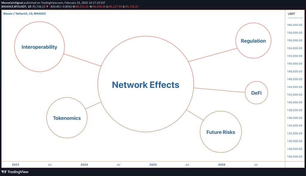 Crypto network effects analysis highlighting Bitcoin’s security flywheel, Ethereum’s developer-drive