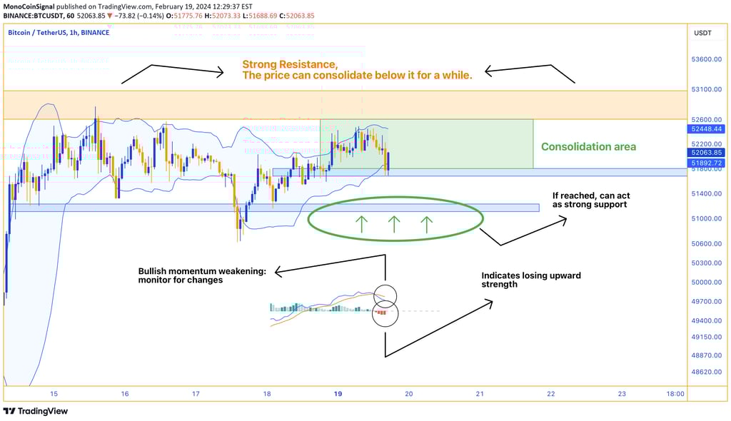 Price update - Descending to $51,141, near crucial support area indicated by lower Bollinger Band. B