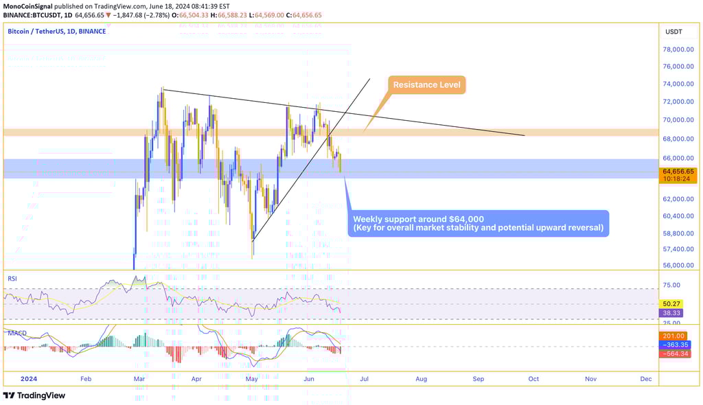 Bitcoin price chart showing the critical weekly support area around $64,000. Despite the price decli