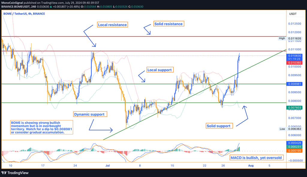 BOME price chart highlighting key resistance levels at $0.011635 and $0.012500, with support levels