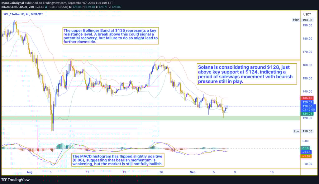 Solana (SOL) price chart in September 2024, hovering around $128 with key support at $124 and resist