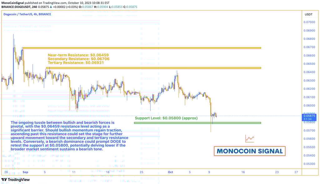 A graphical analysis of Dogecoin's price movement, highlighting the resistance level at $0.06459, th