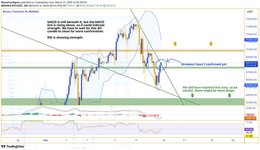 BTC chart depicting delicate market balance with MACD in bearish territory and potential for underly