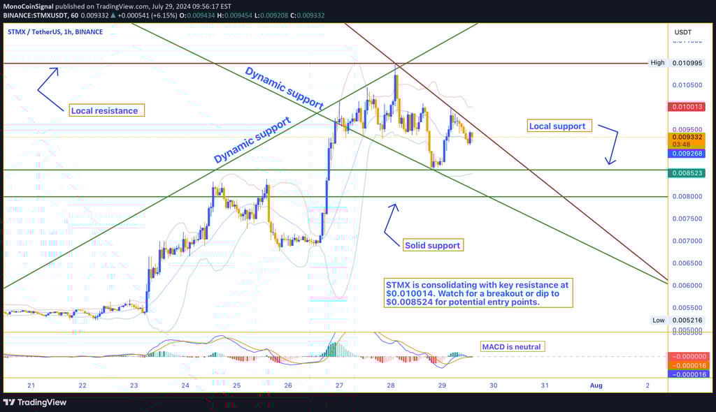 STMX price chart showing key resistance levels at $0.010014 and $0.010995, with support levels at $0