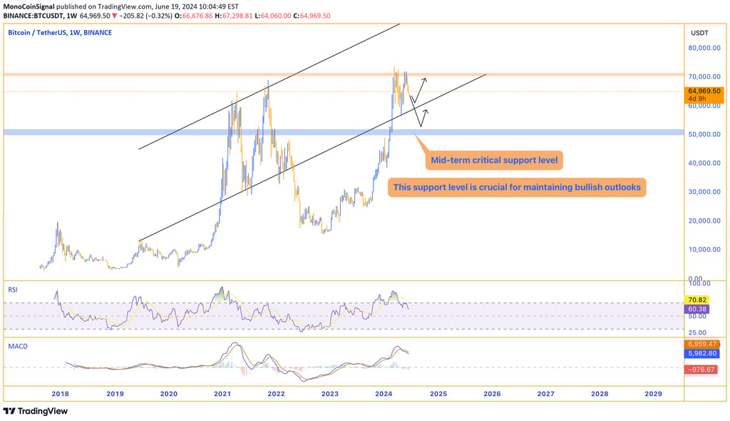 Bitcoin price chart highlighting the critical support level at $52,000, indicating its importance fo