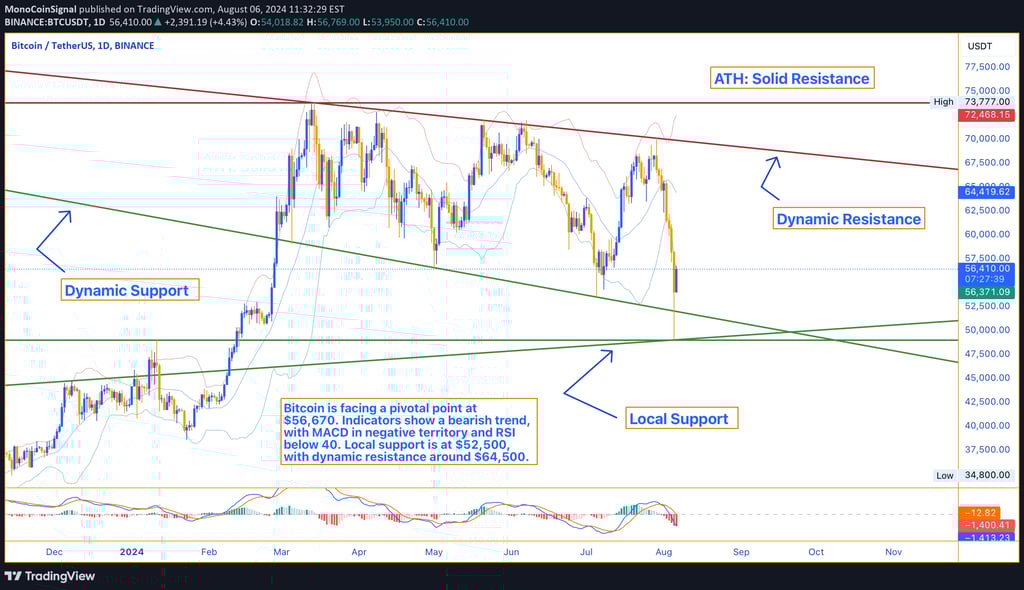 Bitcoin price chart showing volatility with local support around $50,000. SMA indicates bearish tren