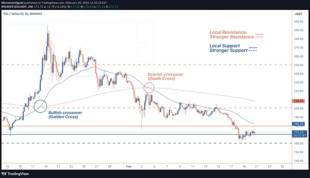 Solana trades near $172.24, forming a bullish flag with breakout potential if $180-$182 is cleared. 