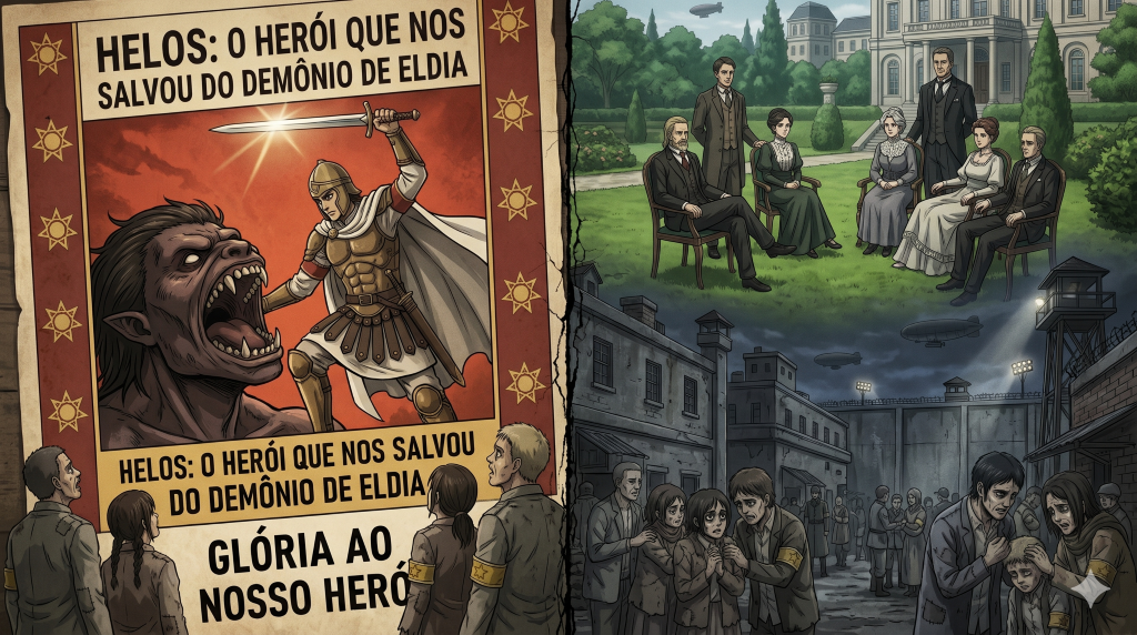 Attack on Titan propaganda poster of Helos slaying the Earth Devil beside Marleyan eldian internment zone.