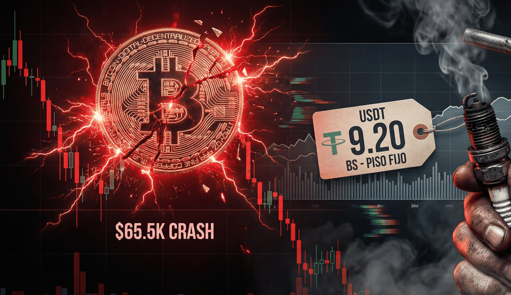 A Bitcoin crash chart with red lightning next to a hand holding a spark plug and fuel nozzle.