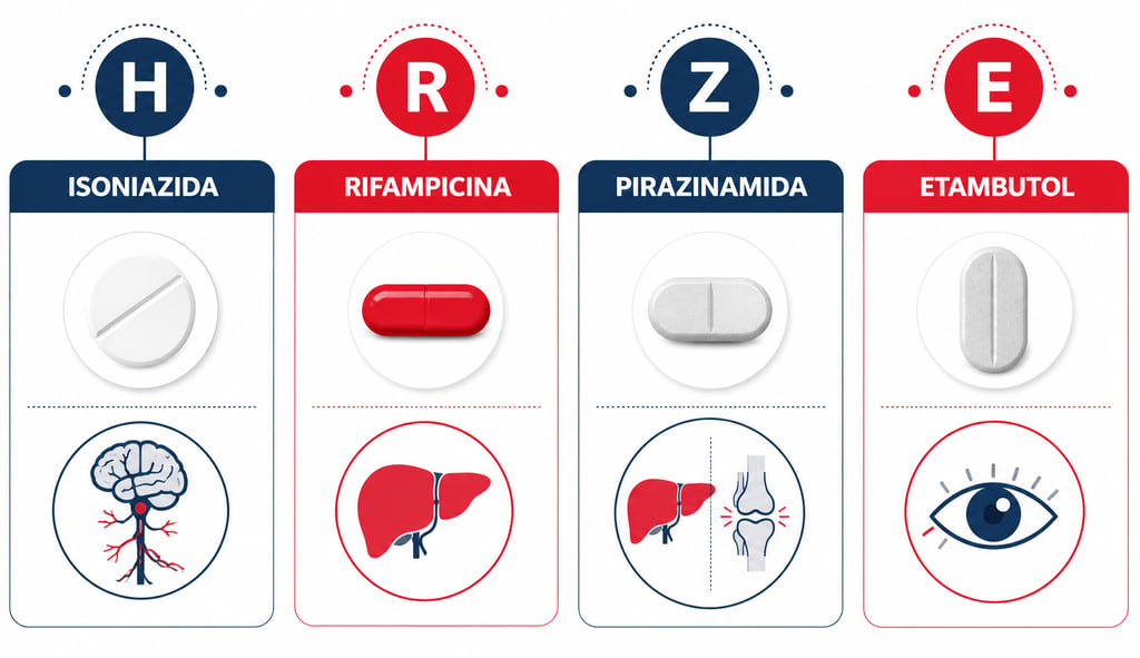 Infografía con los cuatro medicamentos del esquema HRZE para tuberculosis