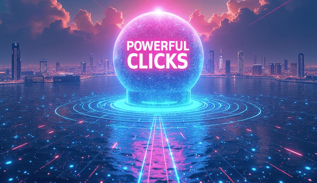 Glowing sphere with 'Powerful Clicks' text in a futuristic digital cityscape.