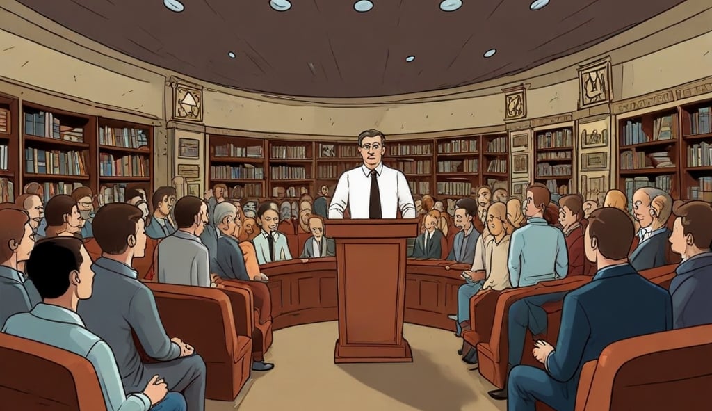 a man in a suit and tie is standing in front of a room full of