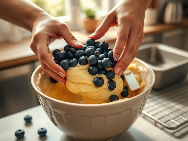 A baker's hands carefully folding fresh blueberries into the thick, golden batter for a loaf cake in