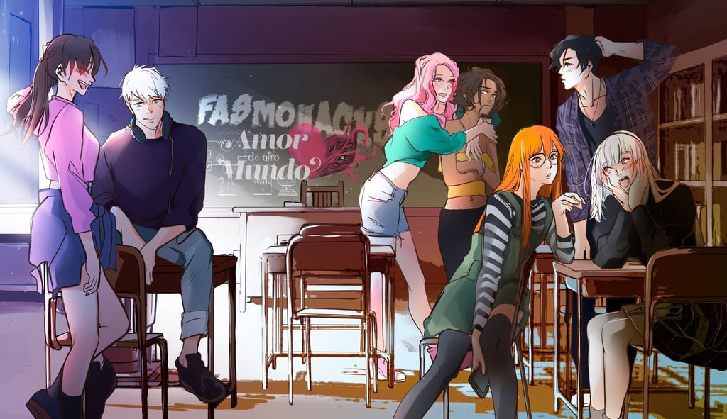 Cinco chicas y dos chicas en un aula de clase, con una pizarra de fondo.