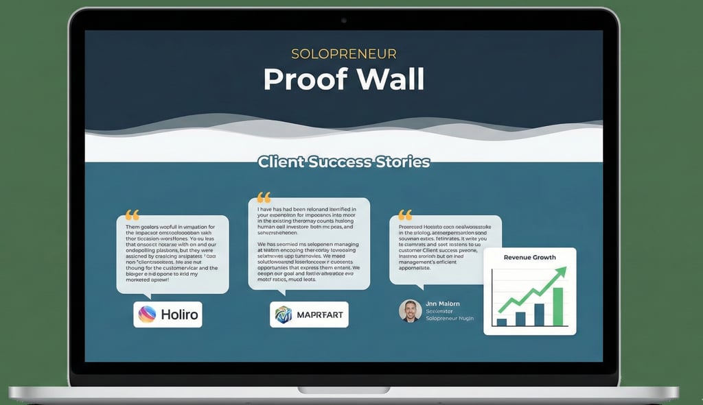 Solopreneur proof wall showing client testimonials, case studies, and revenue growth results