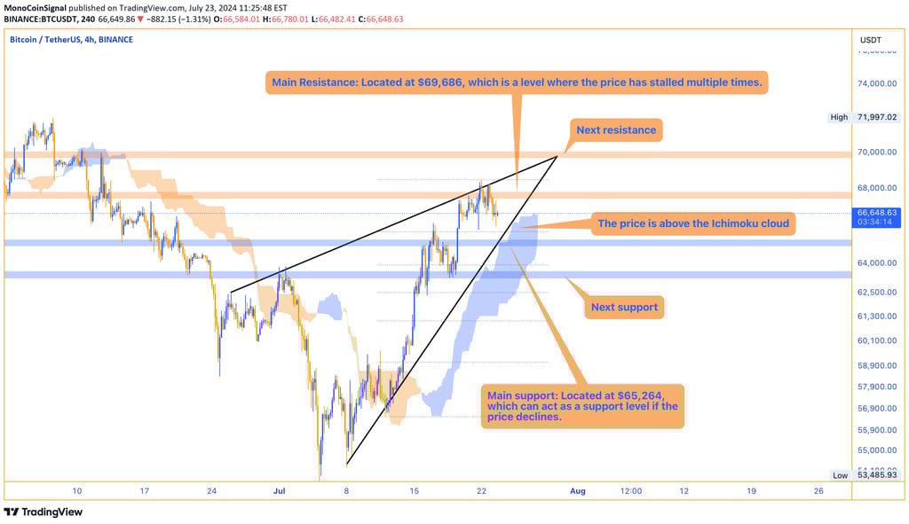 Bitcoin to Tether price chart showing bullish trend with resistances at $67,424 and $69,686, and sup