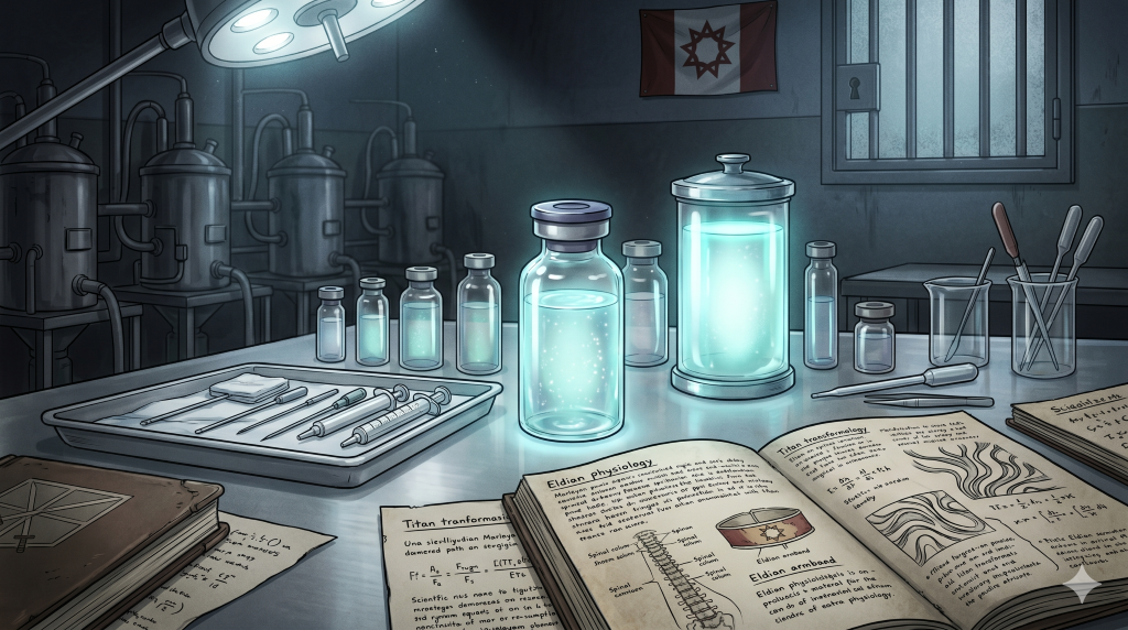 Anime-style laboratory with glowing vials of Titan serum, medical tools, and Eldian physiology research books.