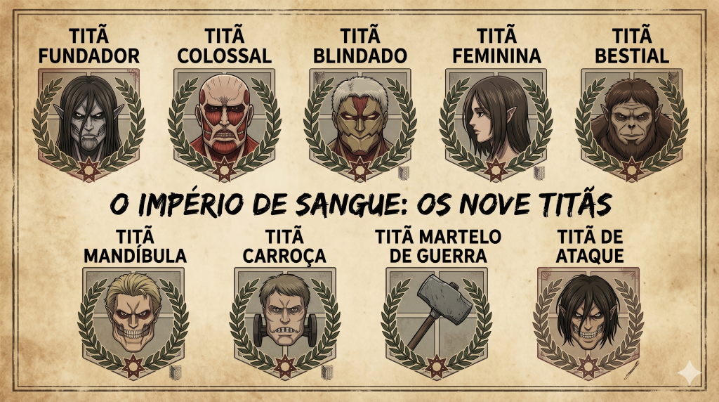 Attack on Titan infographic showing the Nine Titans in Portuguese with character illustrations and labels.