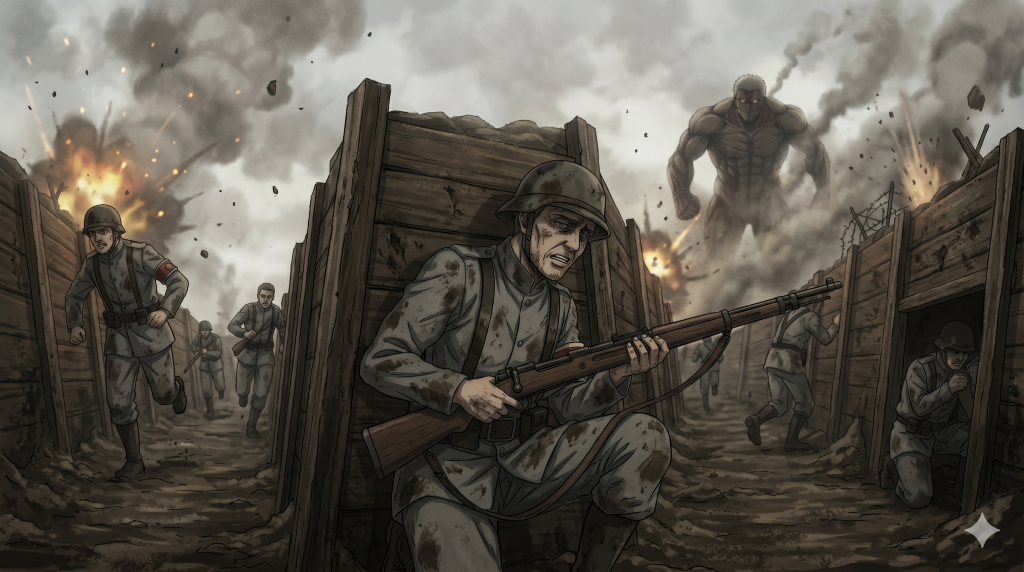 Soldiers in muddy trenches face a giant Titan in this Attack on Titan Marleyan war fan art.