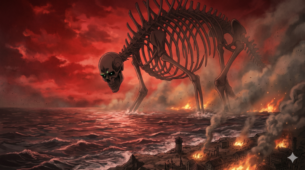 Giant skeletal titan walking through the ocean toward a burning coastal village under a red sky.