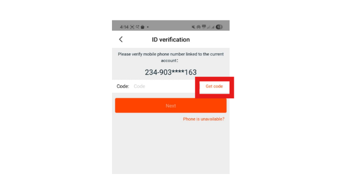Mobile app ID verification screen showing phone number masking and a red Get code button