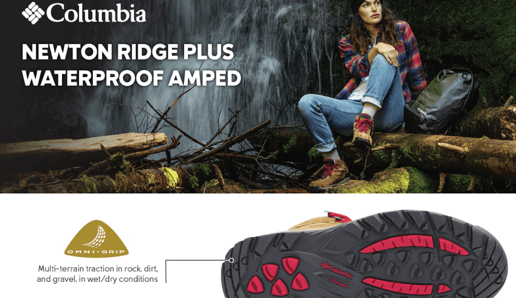 Women wearing Columbia Women's Newton Ridge Plus Waterproof Hiking Boot with waterfall