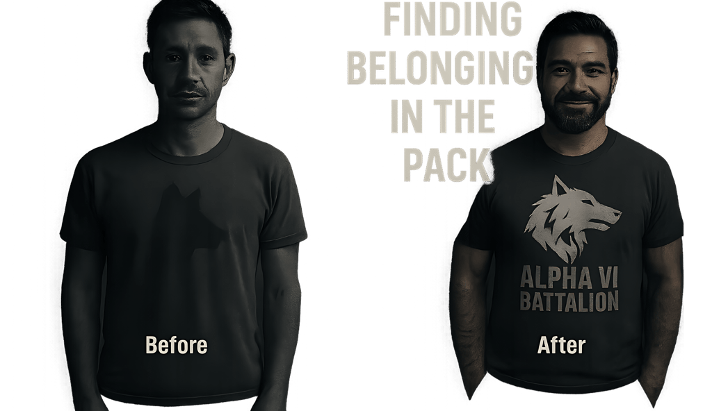 Before and after military transition graphic showing veteran finding belonging in patriotic apparel 