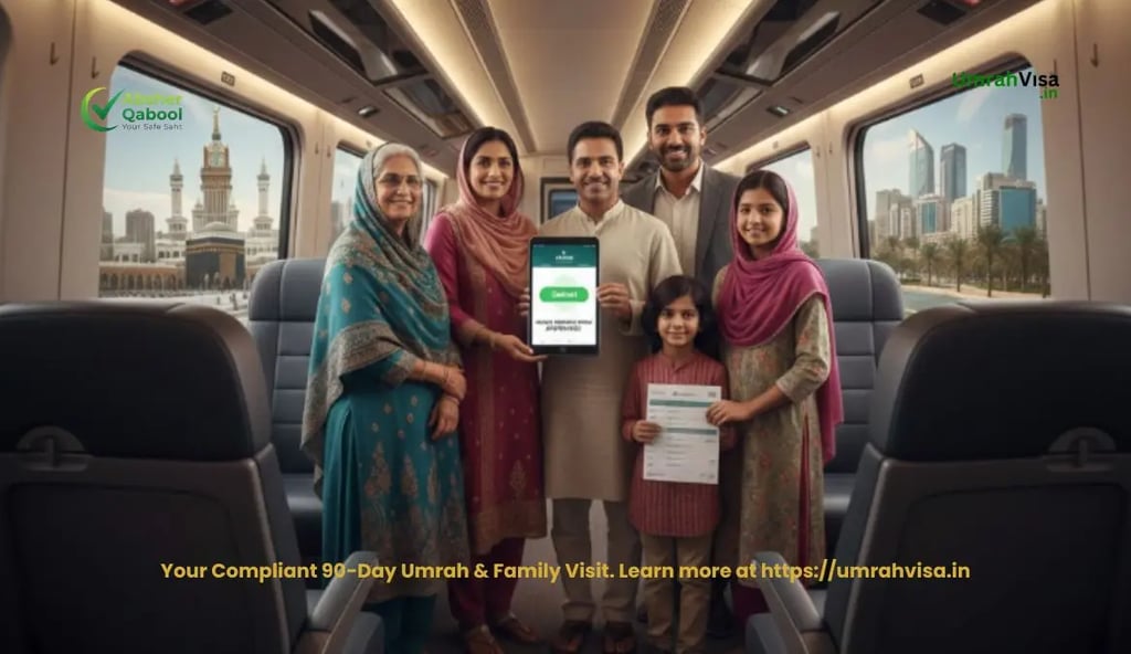 Absher Qabool compliant route: Indian family on train between Makkah and Riyadh/Dammam, showing digital 90-day visa approval.