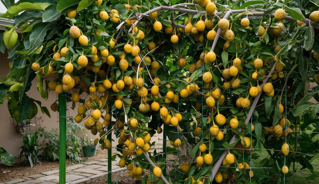 a bunch of Passion fruits hanging from a tree