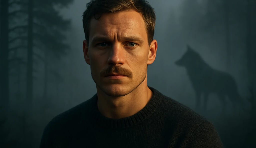 a man with a mustache and a goat in a dark room