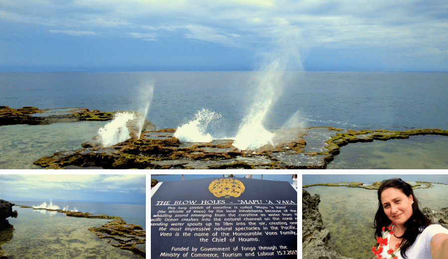 Vista dos jatos d’água do blowhole em Mapu’a Vaka, Tonga, visitado pela autora durante escala de cruzeiro