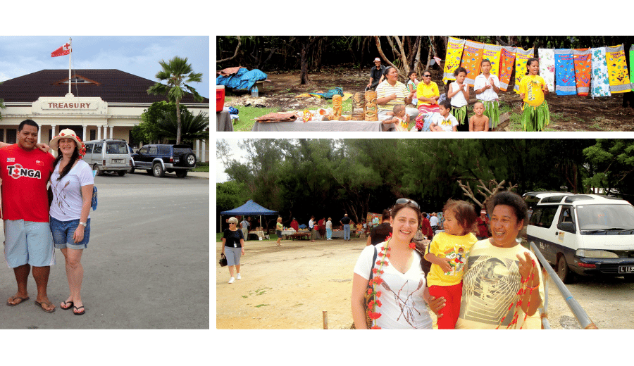 Autora com moradores locais na entrada dos blowholes e no fim do tour em Nuku’alofa, Tonga