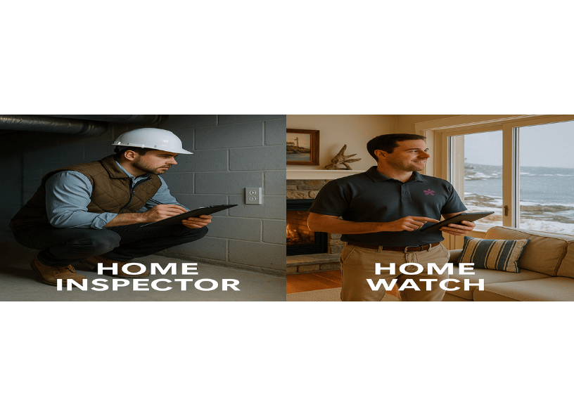 Split image showing home inspector with clipboard vs. home watch professional monitoring a cozy Main