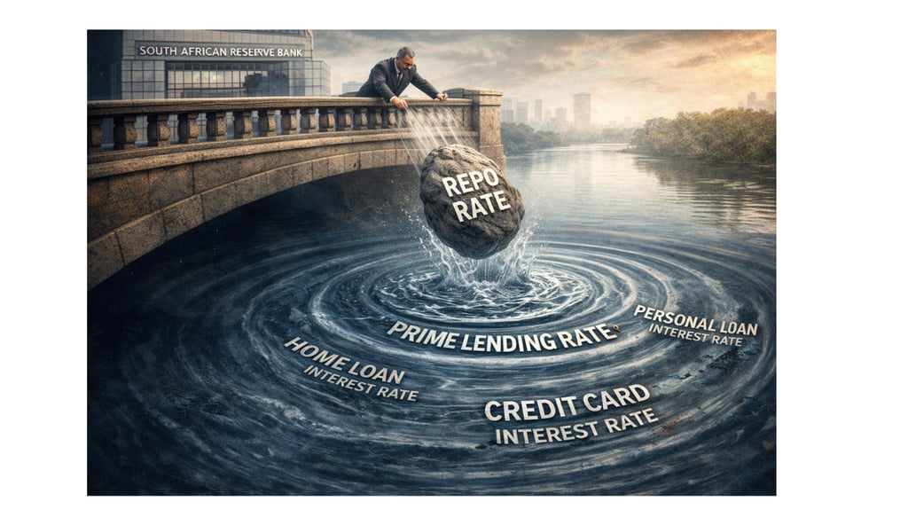 Interest rate ripple effect illustration: SARB repo rate causes prime and lending rates in SA