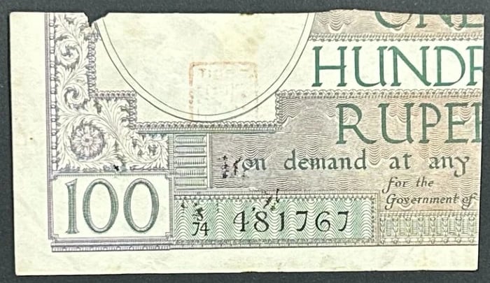 King George V 100 Rupees Quarter Cut Note