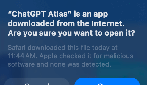 ChatGPT Atlas app icon displayed in macOS Applications folder after installation