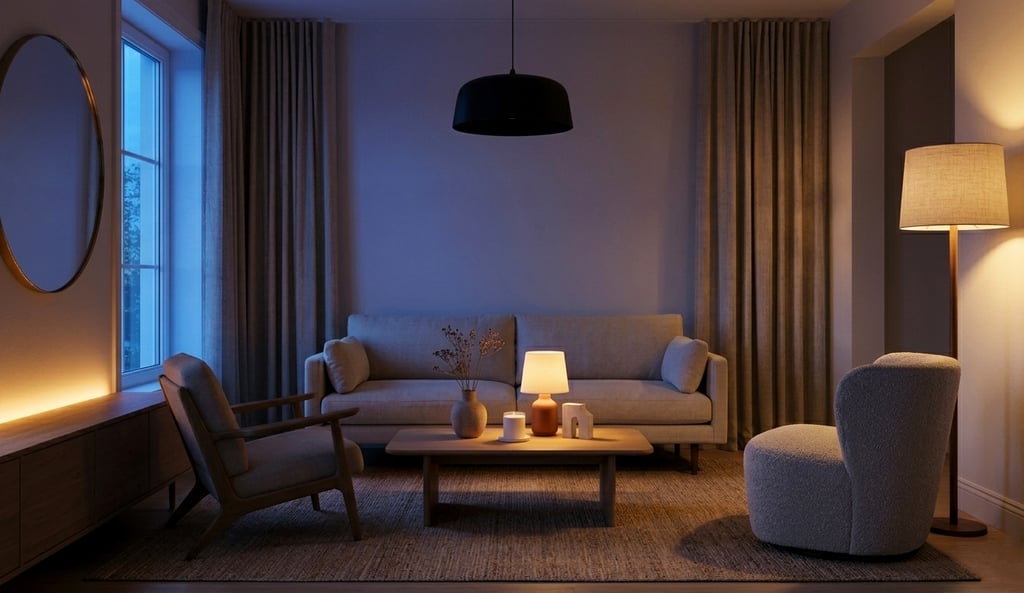 Modern living room featuring a minimalist sofa, warm floor lamp, and cozy atmospheric lighting.