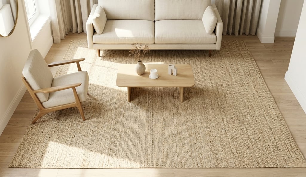 Minimalist living room featuring a large natural jute area rug under a beige sofa and wooden coffee table.