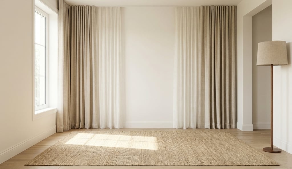 Empty minimalist living room with neutral linen curtains, a jute rug, and a floor lamp.