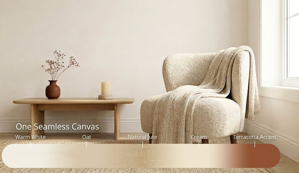 Modern minimalist living room featuring a cream bouclé chair, knit throw, and wood coffee table in neutral tones.