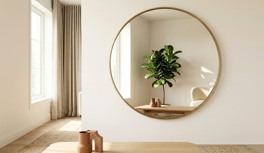 Large round gold mirror on a white wall in a minimalist living room with a fiddle leaf fig tree.