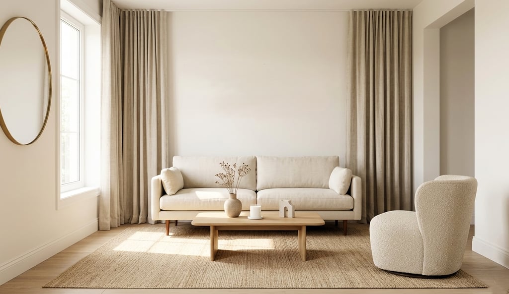 Minimalist living room with beige sofa, wooden coffee table, and bouclé chair in a bright Japandi interior.