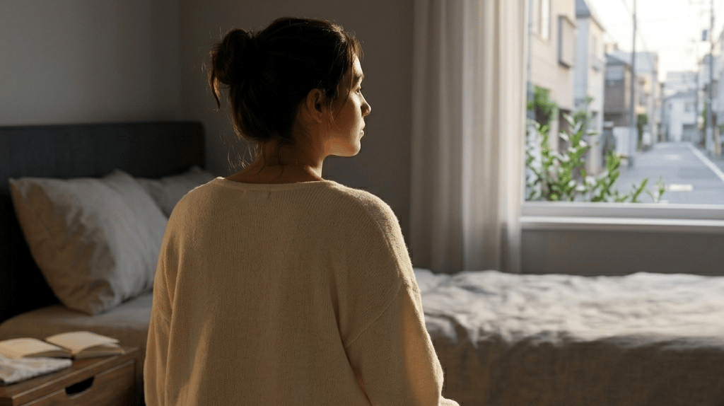 A thoughtful woman sits on her bed and looks out the window at a quiet city street.