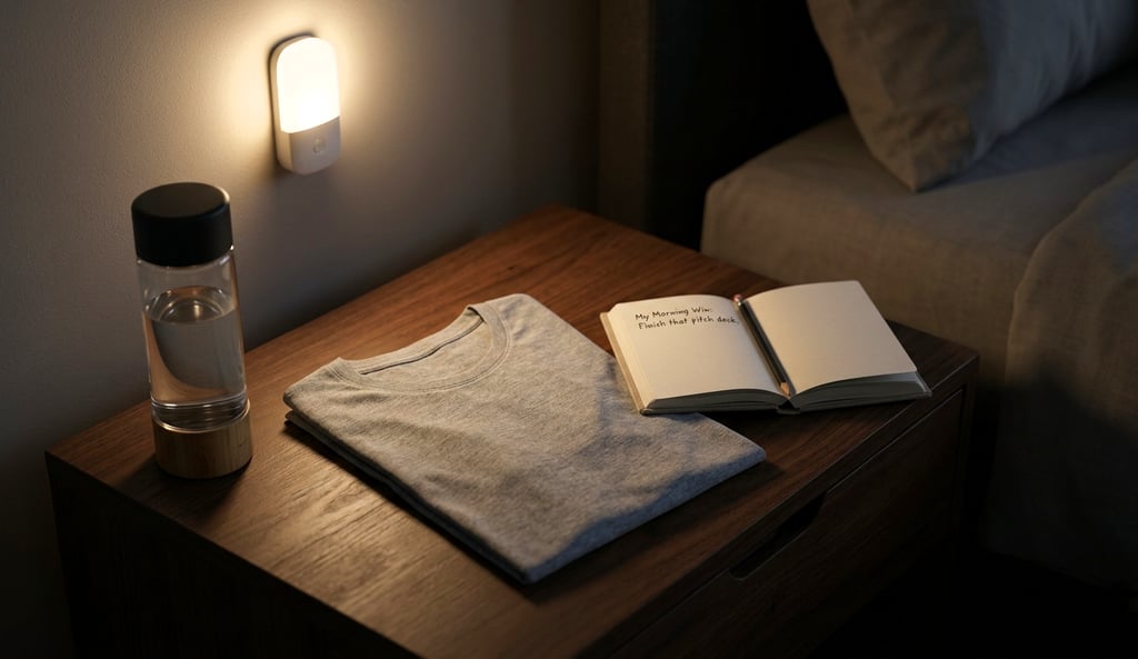 A wall-mounted LED night light illuminating a bedside table with a notebook and water bottle.