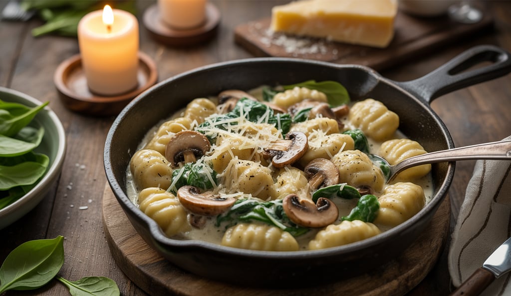 a skillet with pasta and mushrooms in a skillet