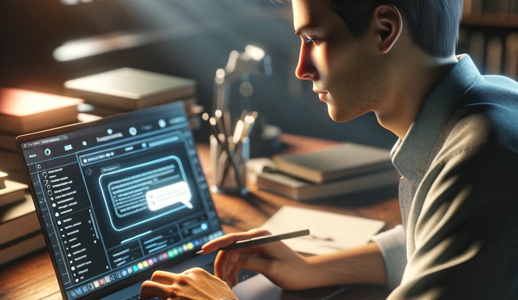 una ilustración de un chico joven estudiando con ChatGPT