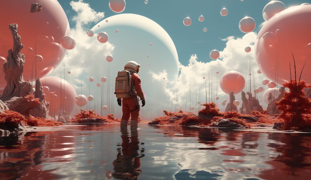 a man in a space suit standing in front of a red planet