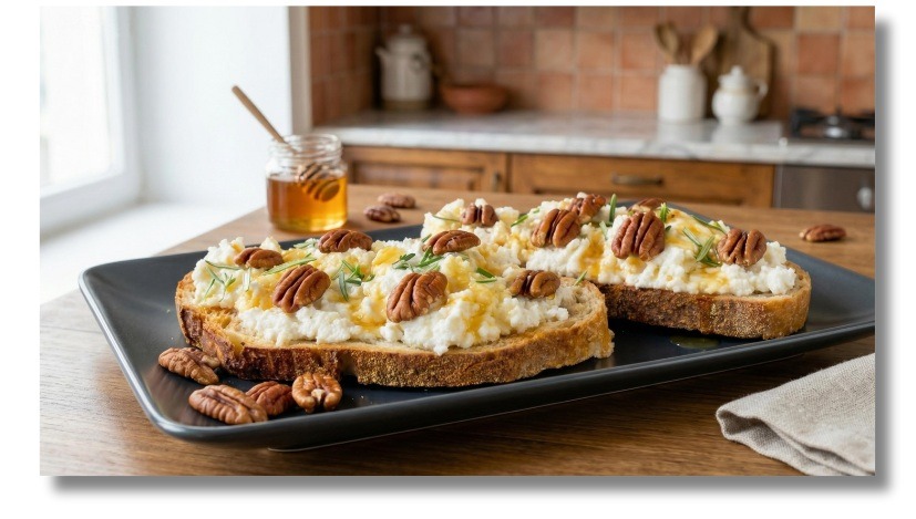 Sweet bruschetta with ricotta, honey and nuts