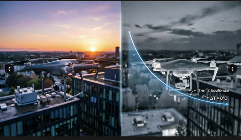 Side-by-side comparison of a thermal imaging drone flying over a city at sunset showing thermal equilibrium data.